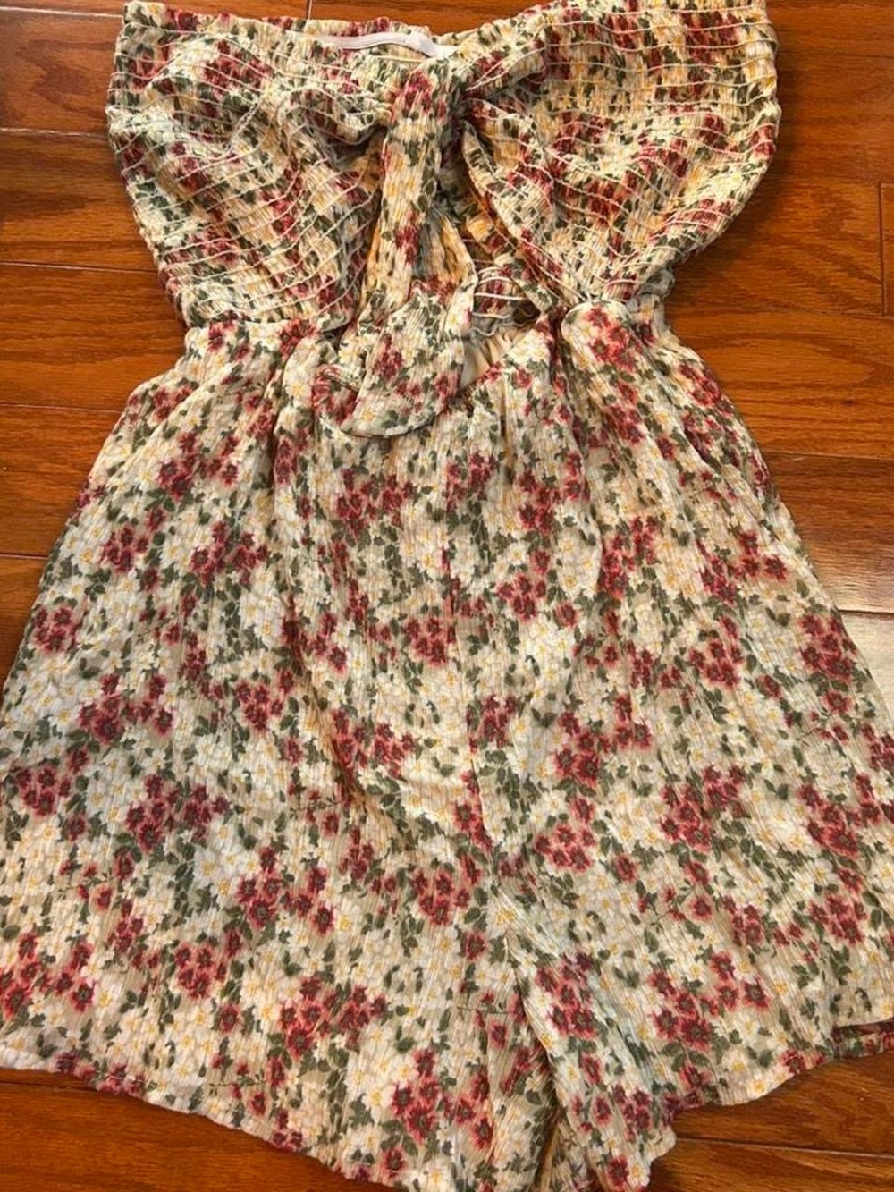 vestique Cream Floral Smocked Strapless Romper with Pink Flowers